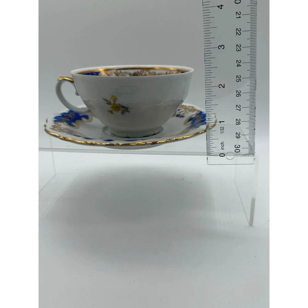 Winterling Bavaria Teacup Saucer Set Blue Gold Floral VTG Porcelain Excellent